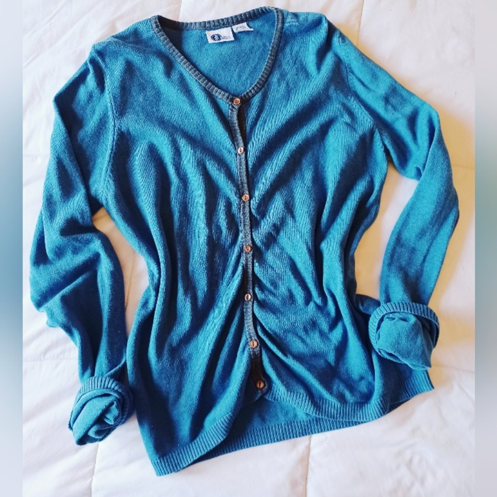 Vintage Retro Blue Grey Ruched Cardigan Soft Knit Lightweight Sweater Arizona